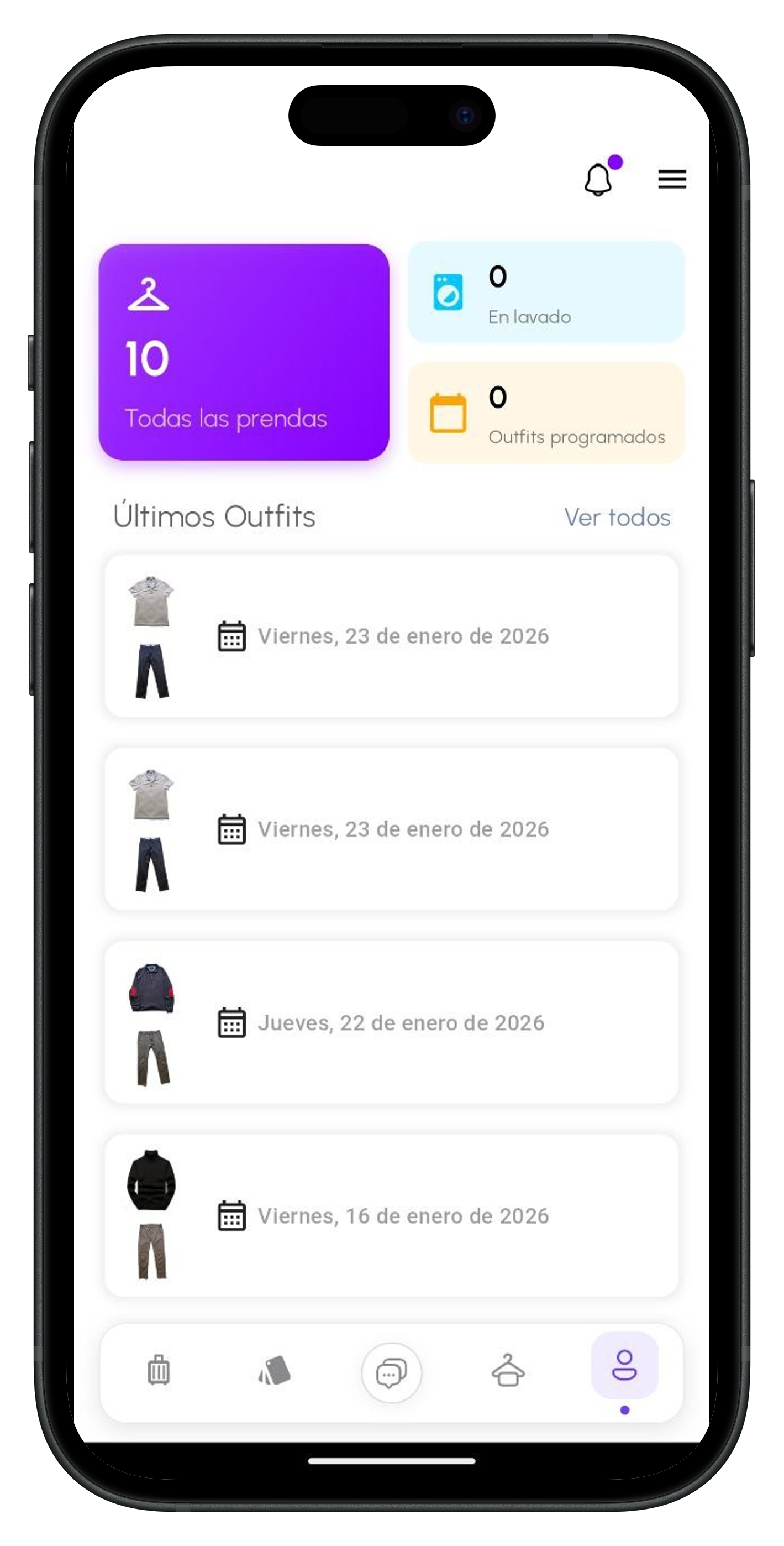 Captura de MyOutfit app mostrando los últimos outfits y panel de control.