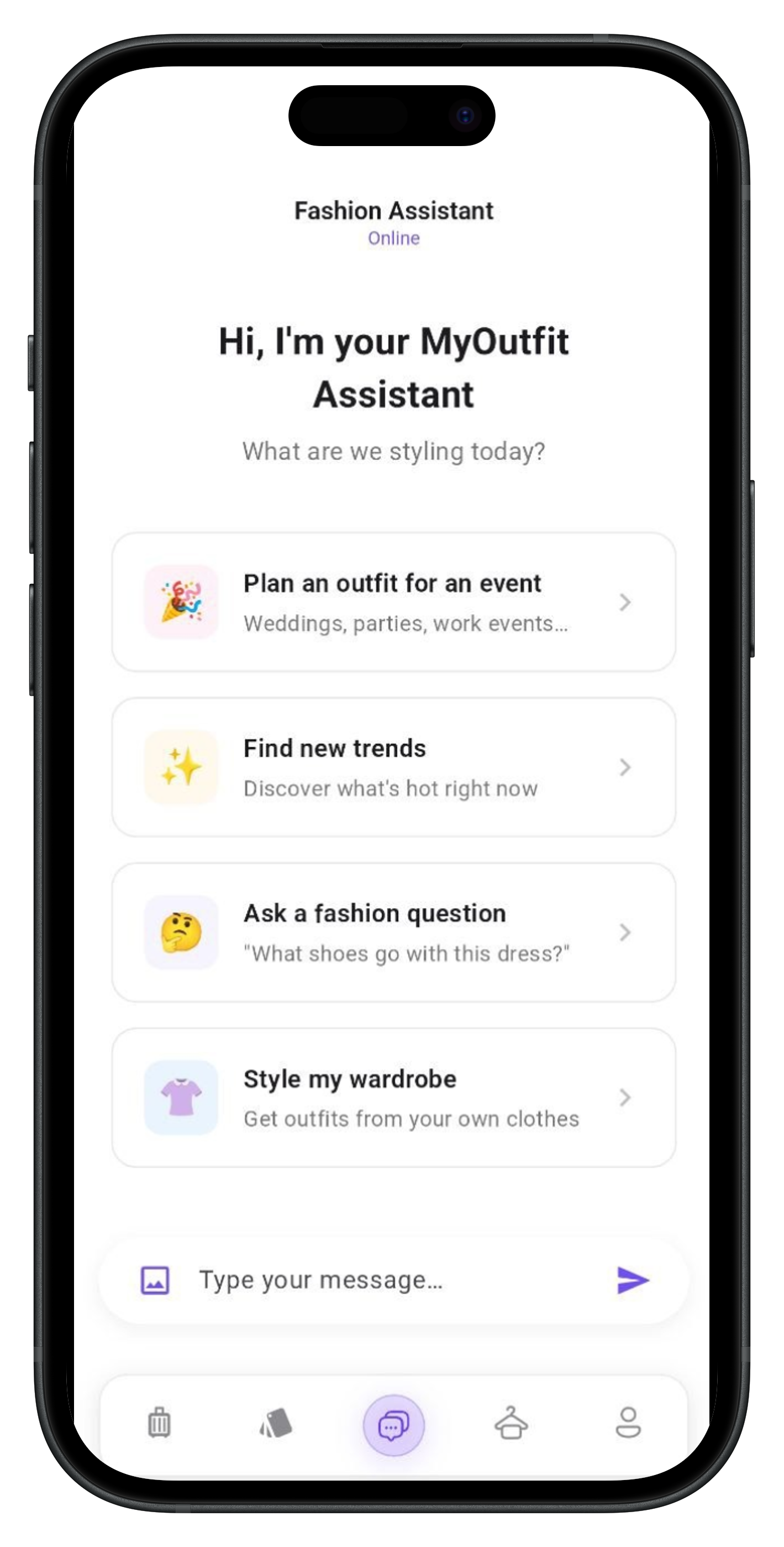 Captura de MyOutfit app mostrando el Fashion Assistant con chatbot de IA.