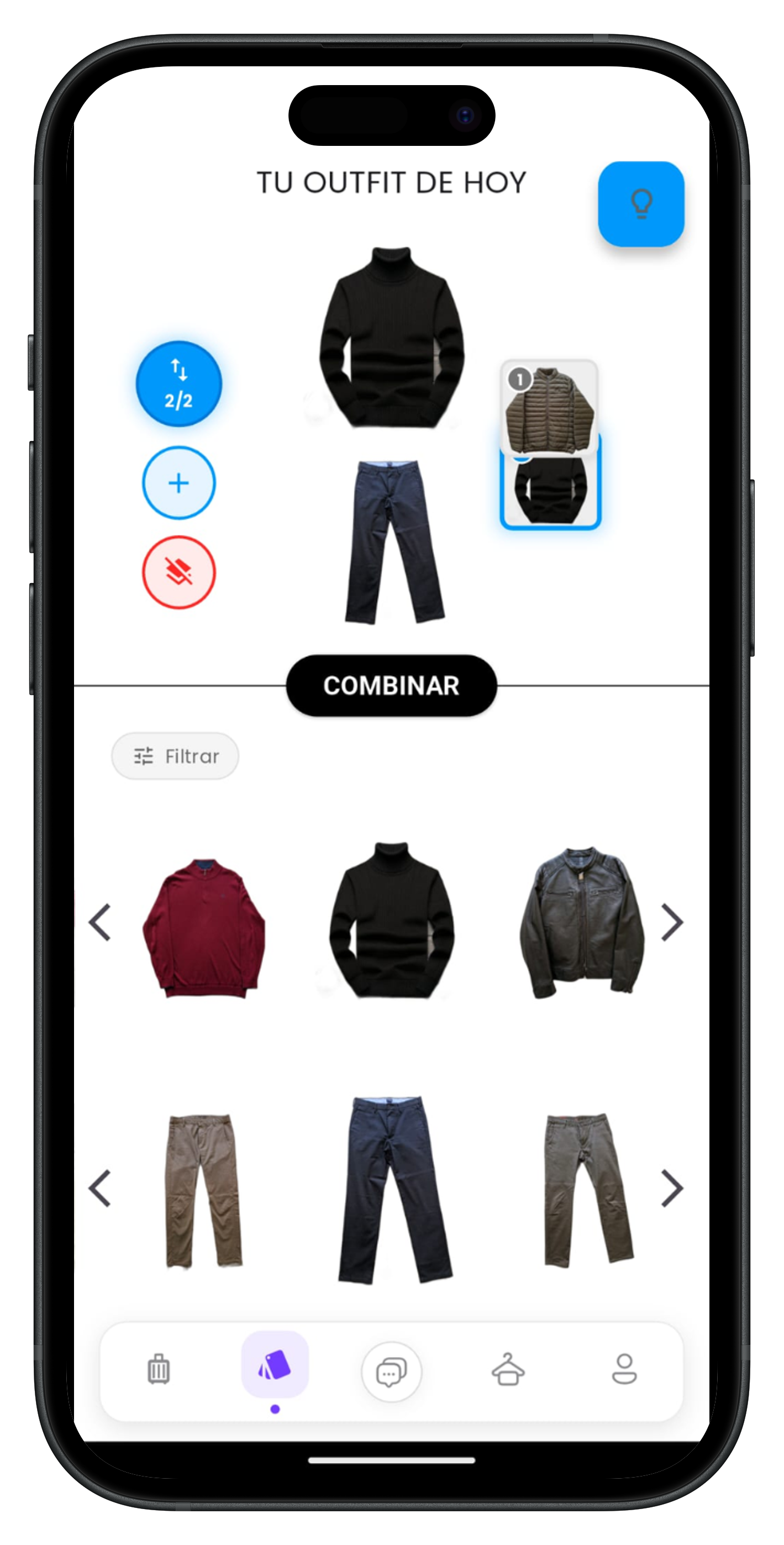 Screenshot of MyOutfit app showing TU OUTFIT DE HOY with combine feature.